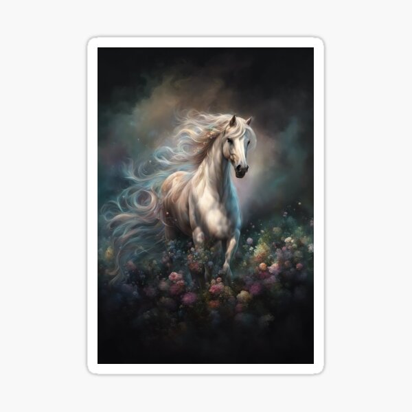 Item preview, White Horse in Flowers with Flowing Mane and Tail designed and sold by Stephanie Laird.