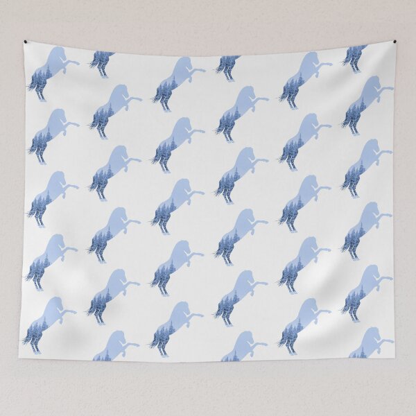 Item preview, Horse rearing in front of a winter wonderland, for every horse girl snow and pine trees designed and sold by PICbyFemke.
