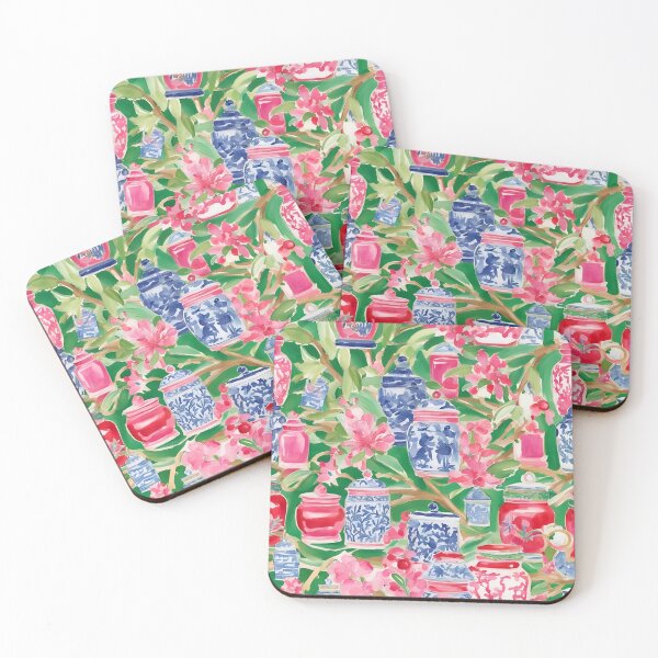 Item preview, Preppy chinoiserie jars and Azalea flowers designed and sold by SophieClimaArt.