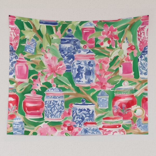 Item preview, Preppy chinoiserie jars and Azalea flowers designed and sold by SophieClimaArt.