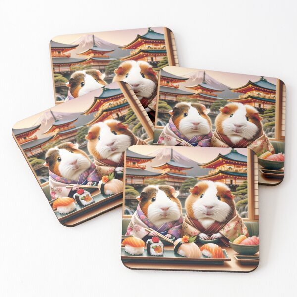 Item preview, Joyful Guinea Pig Couple, Deeply in Love Dressed in Traditional Japanese Kimonos, Savoring Sushi in Japan. designed and sold by clecticuk.