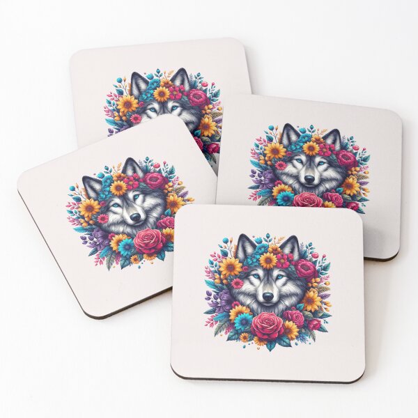 Item preview, colorful wolf with flowers designed and sold by asbno19.
