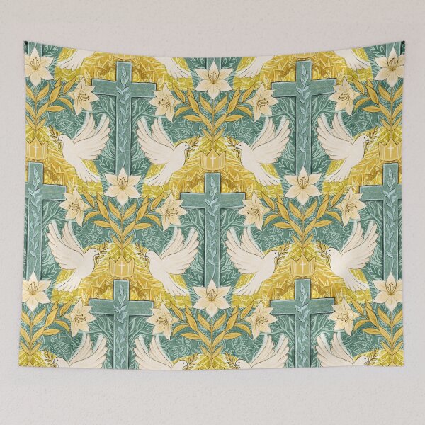 Item preview, Resurrection Sunday Christian Easter Damask in Green and Gold Pattern designed and sold by micklyn.