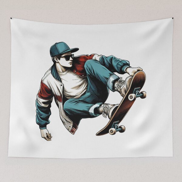 Item preview, "A young man, wearing his cap backwards and striking a cool pose, is skateboarding." designed and sold by PaintMeWorld.