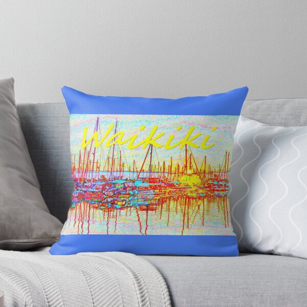 Sunset over the harbor and Magic Island Throw Pillow