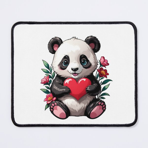 Artikelvorschau, Panda mit rotem Herzen und Blumen entworfen und verkauft von PrettyfulStuff.