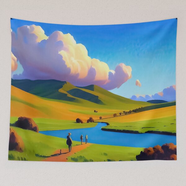 Item preview, Green Rolling Hills - People Walking Along a Path Toward a River designed and sold by Loving Nature Gifts.