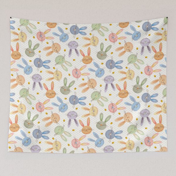 Item preview, Happy colorful rabbits and Easter eggs – pattern on white designed and sold by colorofmagic.