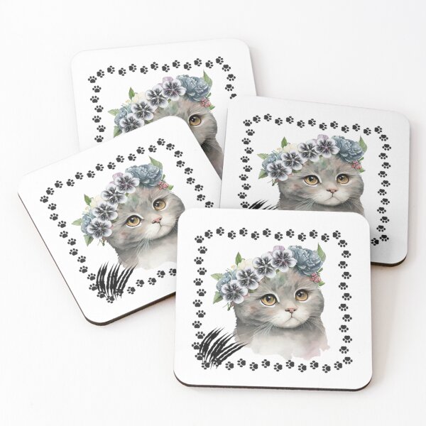 Item preview, Whimsical watercolor gray cat with floral crown in catpaw frame designed and sold by kozlebozle007.