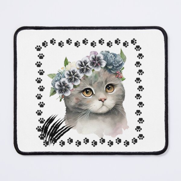 Item preview, Whimsical watercolor gray cat with floral crown in catpaw frame designed and sold by kozlebozle007.