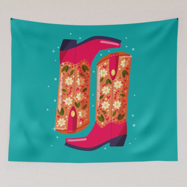 Item preview, A pair of cowboy boots decorated with flowers on blue background. Vibrant and colorful vector illustration. designed and sold by BlueLela.
