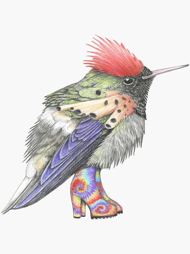 Thumbnail 3 of 3, Sticker, Tufted Coquette Hummingbird in Tie Dye Boots. designed and sold by JimsBirds.