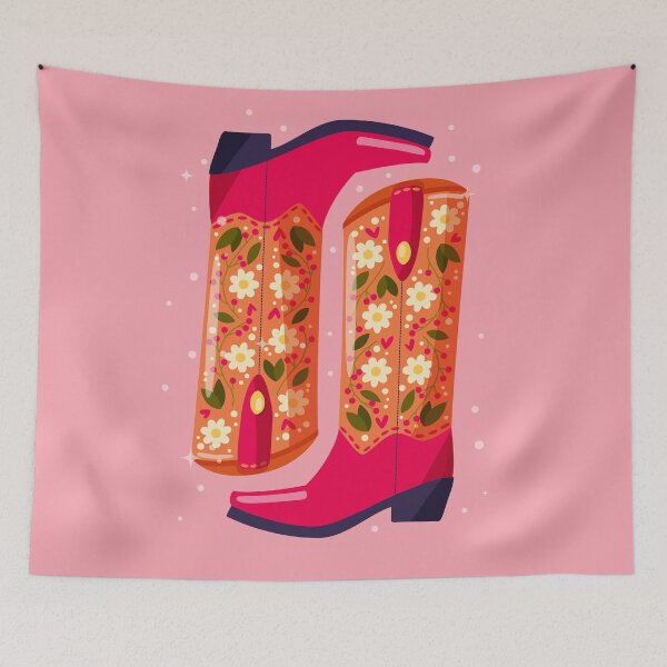 Item preview, A pair of cowboy boots decorated with flowers on pink background. Vibrant and colorful vector illustration. designed and sold by BlueLela.
