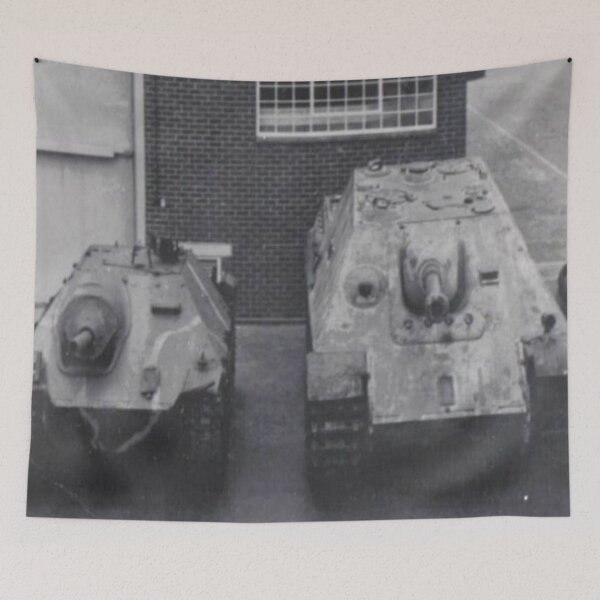 Item preview, WW2 - Germany - Panzerjäger Hetzer and Jagdpanther sit side by side - Black and White - Photographic Print designed and sold by TheHappyK.