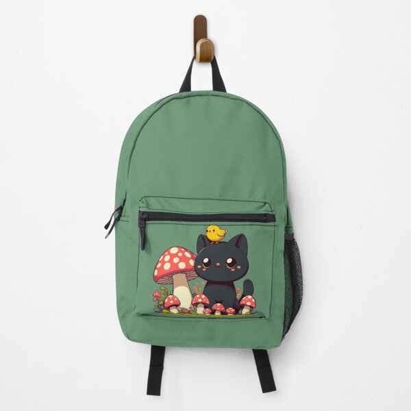 Item preview, Black Cat With Yellow Bird in Mushroom Garden designed and sold by TomFrontierArt.