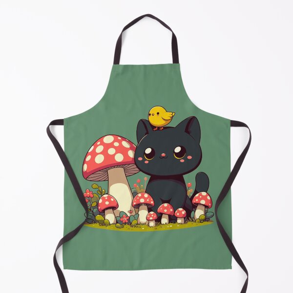 Item preview, Black Cat With Yellow Bird in Mushroom Garden designed and sold by TomFrontierArt.