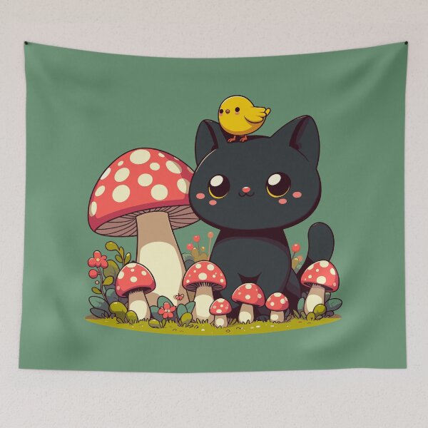Item preview, Black Cat With Yellow Bird in Mushroom Garden designed and sold by TomFrontierArt.