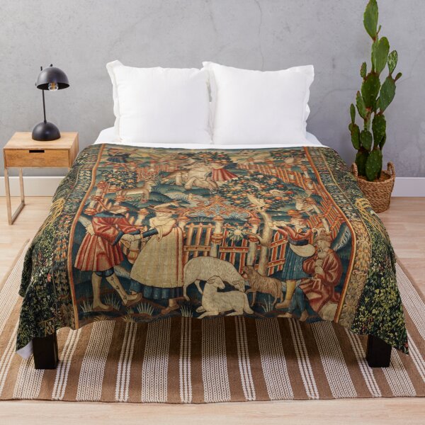 Item preview, HUNTING WITH HAWK ON HORSEBACK,UNICORNS,ANIMALS Antique Floral Tapestry designed and sold by BulganLumini.