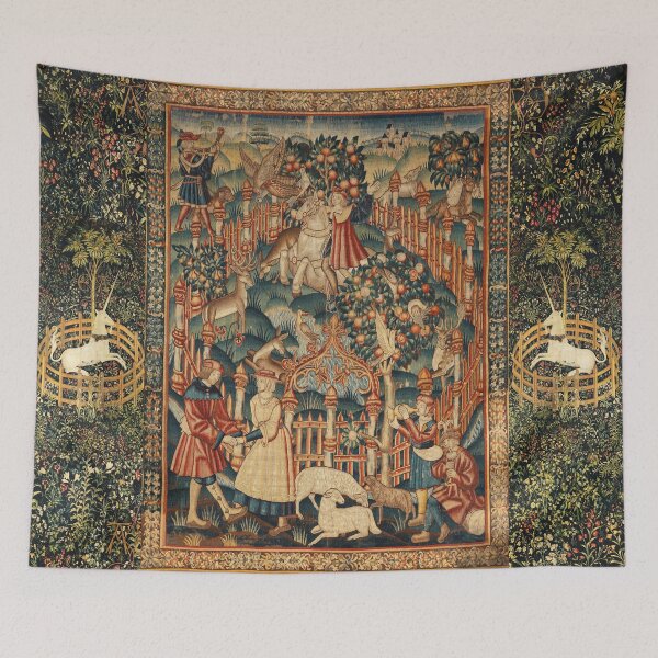 Item preview, HUNTING WITH HAWK ON HORSEBACK,UNICORNS,ANIMALS Antique Floral Tapestry designed and sold by BulganLumini.