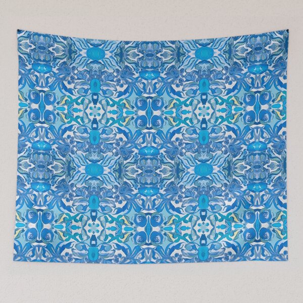 Item preview, Italian Majolica style flowers and scrolls in cobalt blue and turquoise designed and sold by SophieClimaArt.