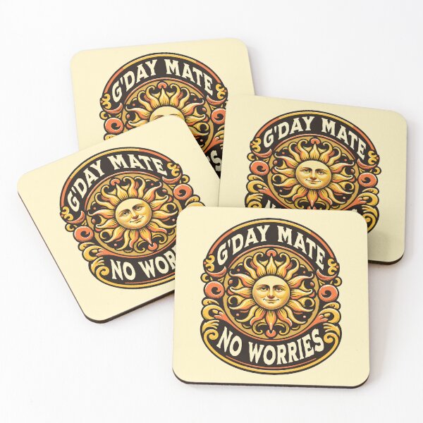 Item preview, G’Day Mate No Worries Funny Australian Vintage Sun Inspirational Saying  designed and sold by Bad Kitty Designz.