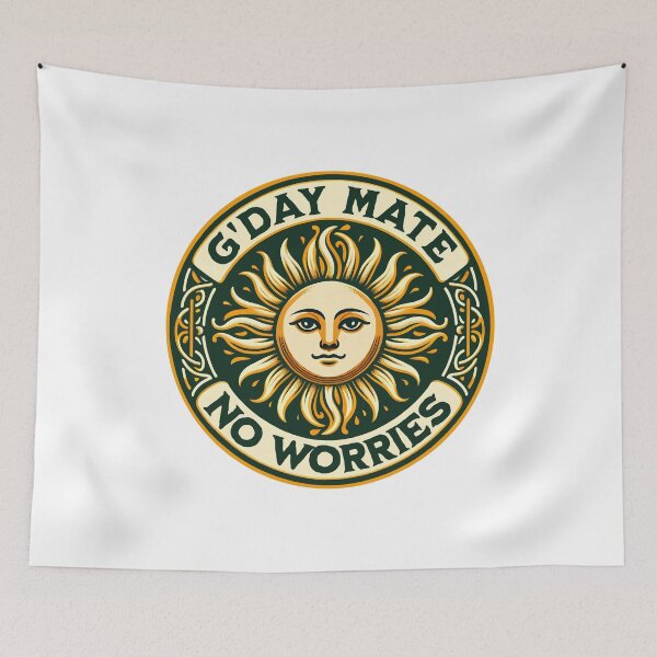Item preview, G’Day Mate No Worries Funny Australian Greeting Retro Sun Inspirational Saying  designed and sold by Bad Kitty Designz.