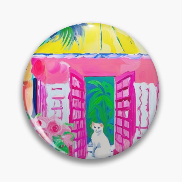 Item preview, Preppy art, white cat in a pink cabana, oil painting designed and sold by SophieClimaArt.