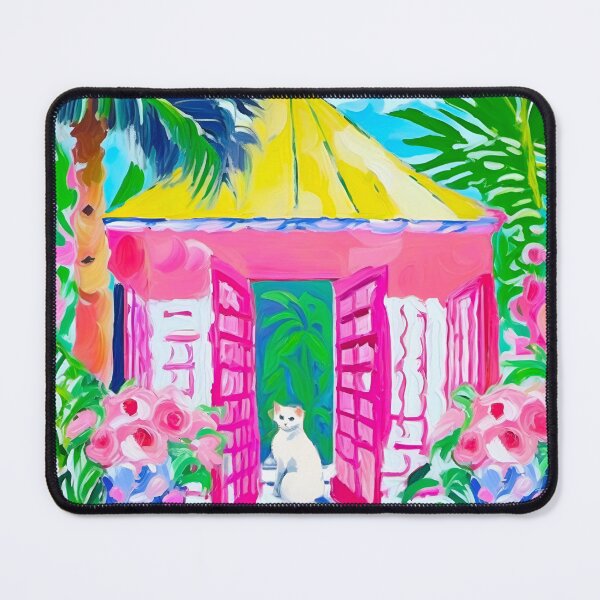 Item preview, Preppy art, white cat in a pink cabana, oil painting designed and sold by SophieClimaArt.