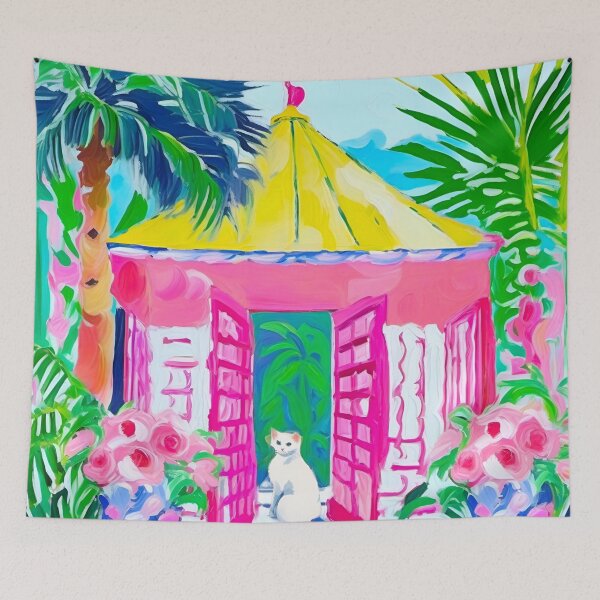Item preview, Preppy art, white cat in a pink cabana, oil painting designed and sold by SophieClimaArt.