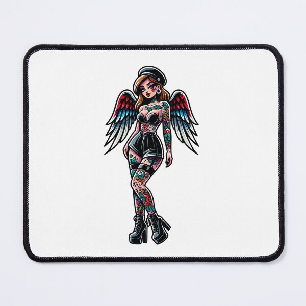 Item preview, Tattooed Angel Pinup in Shorts and Leather Bustier designed and sold by PinUpPizzazz.