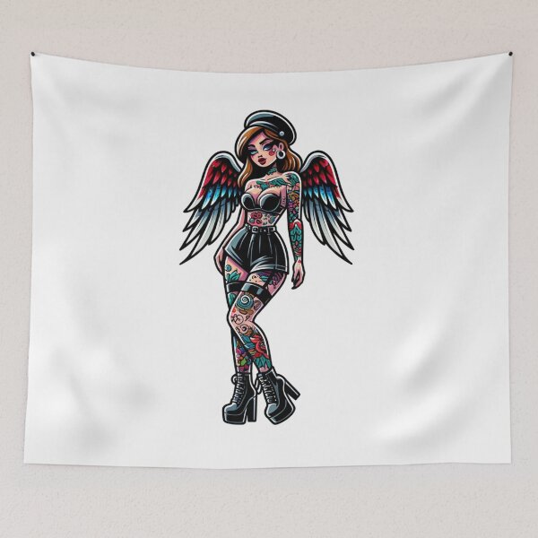Item preview, Tattooed Angel Pinup in Shorts and Leather Bustier designed and sold by PinUpPizzazz.
