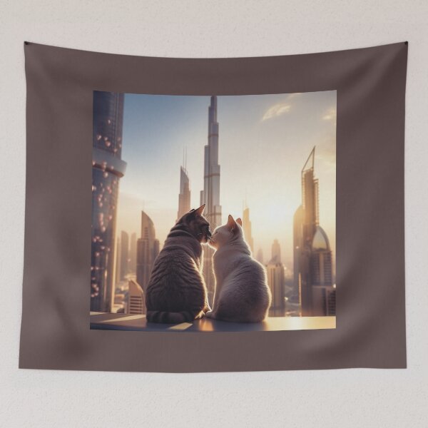 Item preview, Be my Valentine - Cat Couple Dubai Skyline designed and sold by aikittycats.