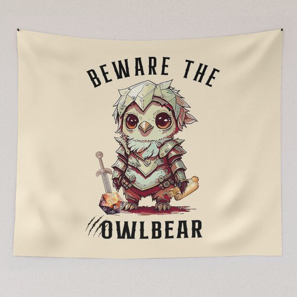 Item preview, OWLBEAR: Beware the owlbear, cute dnd adventurer with armour sword and d20 dice designed and sold by DungeonAtelier.