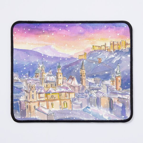 Item preview, Salzburg Austria Cozy Winter Landscape with Mountains and Castle at Night designed and sold by artshop77.