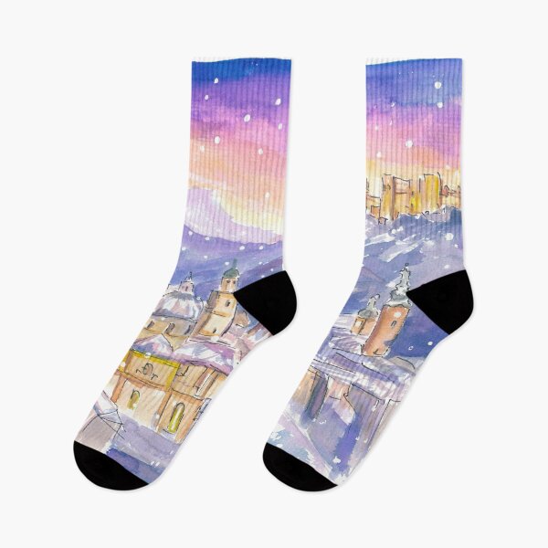 Item preview, Salzburg Austria Cozy Winter Landscape with Mountains and Castle at Night designed and sold by artshop77.