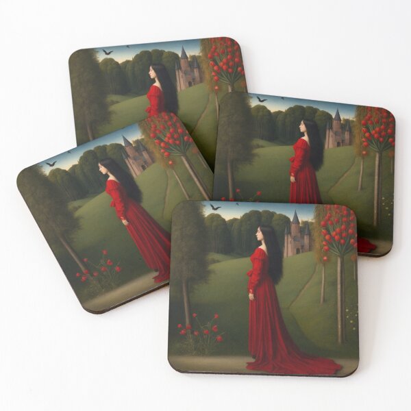 Item preview, Elegant Lady in a red dress by a castle with beautiful red tulips designed and sold by Fantasymachine.
