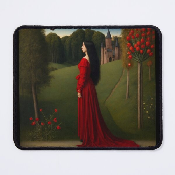 Item preview, Elegant Lady in a red dress by a castle with beautiful red tulips designed and sold by Fantasymachine.