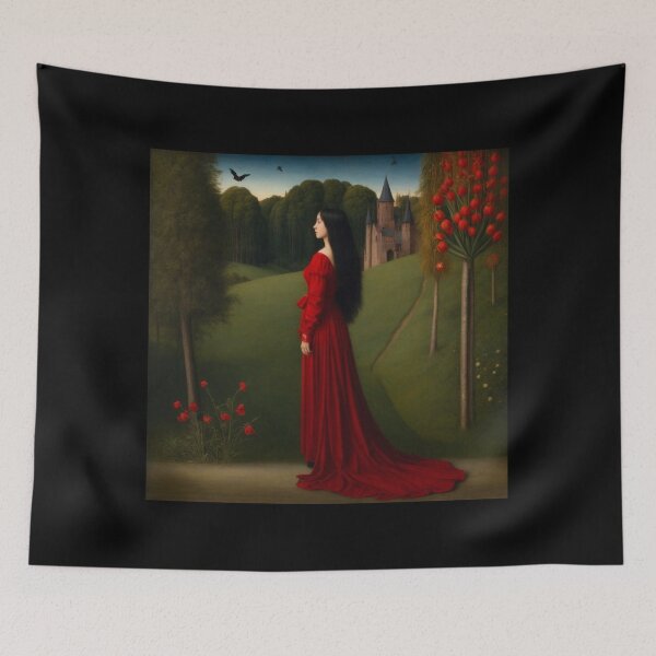 Item preview, Elegant Lady in a red dress by a castle with beautiful red tulips designed and sold by Fantasymachine.