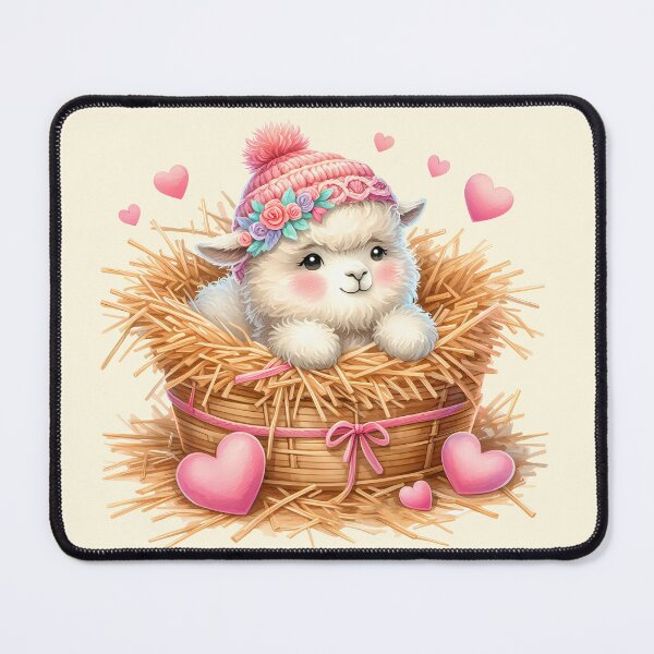 Item preview, A cute little alpaca in a knitted hat lying on a hayloft with cute hearts all around him. designed and sold by Niktarka.