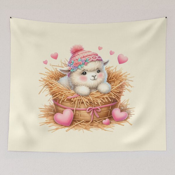 Item preview, A cute little alpaca in a knitted hat lying on a hayloft with cute hearts all around him. designed and sold by Niktarka.