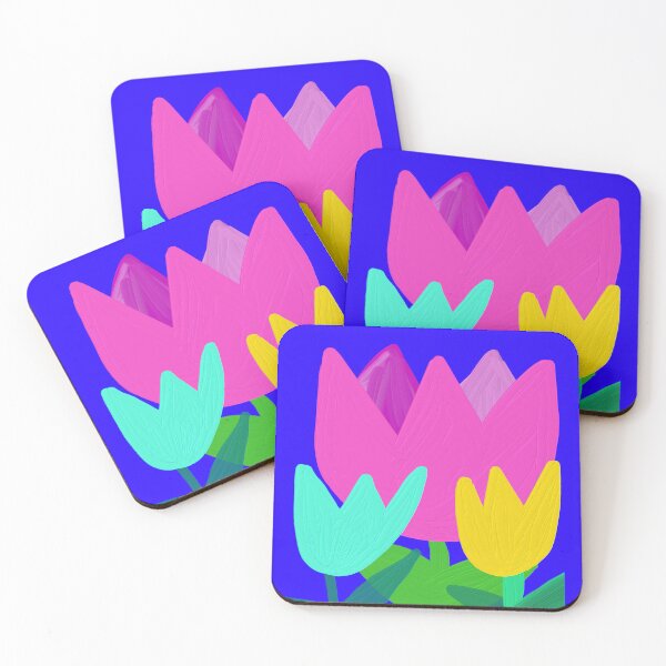 Item preview, Hand-drawn Pink, Yellow, and Blue Tulips with Oil Painting on Blue Background designed and sold by Victoria Rose.
