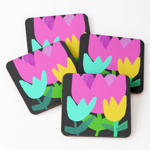 Item preview, Hand-drawn Pink, Yellow, and Blue Tulips with Oil Painting on Black background designed and sold by Victoria Rose.