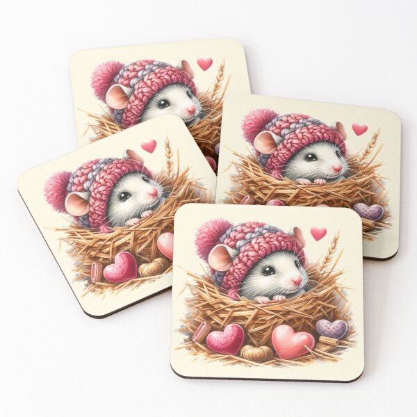 Item preview, A cute little mouse in a knitted cap is lying on a hayloft with cute hearts all around him designed and sold by Niktarka.