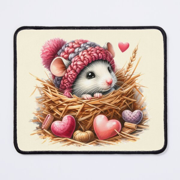 Item preview, A cute little mouse in a knitted cap is lying on a hayloft with cute hearts all around him designed and sold by Niktarka.