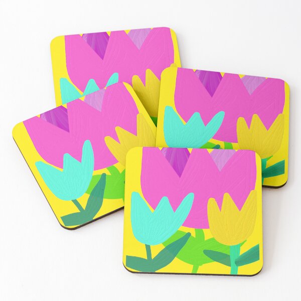 Item preview, Hand-drawn Pink, Yellow, and Blue Tulips with Oil Painting on Yellow background designed and sold by Victoria Rose.