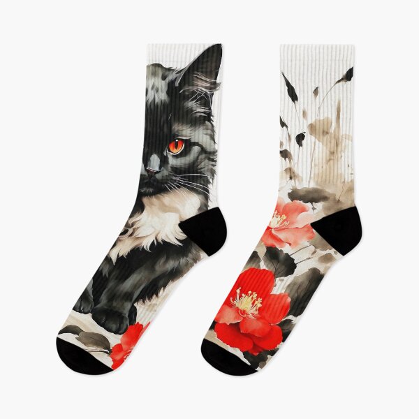 Item preview, Mysterious Grumpy Black Cat Oil Painting Red Flowers  designed and sold by SassyArtistry.
