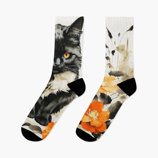 Item preview, Mysterious Grumpy Black Cat Oil Painting Orange Flowers  designed and sold by SassyArtistry.