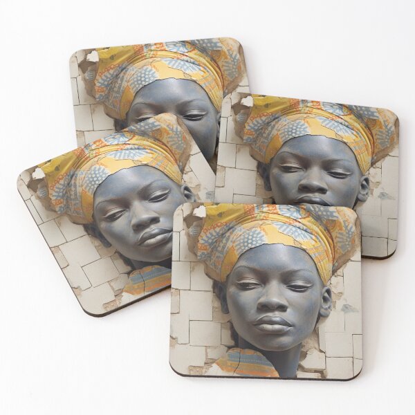 Item preview, Beautiful African American lady, coming out from cracked tiled wall. Navy blue and yelow, orange colors.	 designed and sold by SoccerMomAlex.