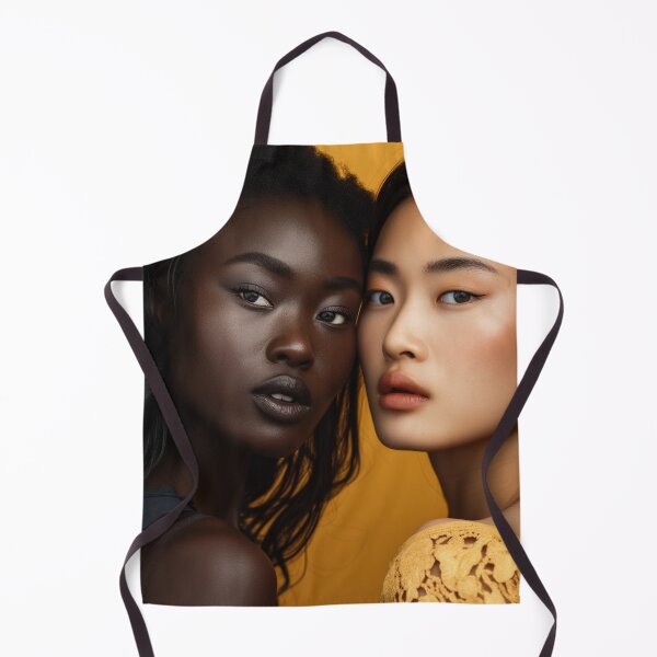 Item preview, Chinese and black woman, models posing, close up portrait, luxury, aesthetic. Yellow background. Fashion editorial.	 designed and sold by SoccerMomAlex.