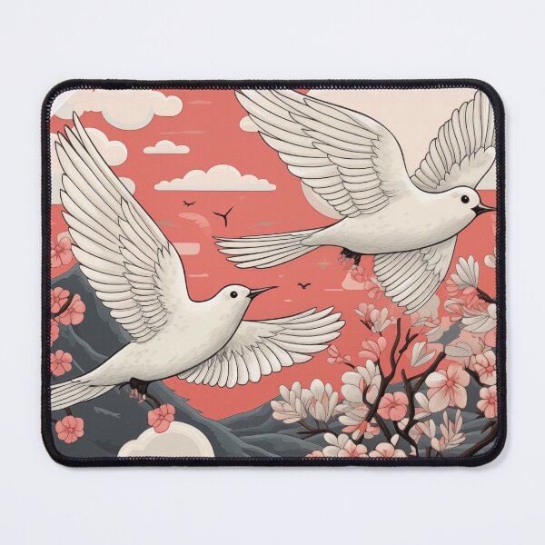 Item preview, Ethereal Flight: Doves Soaring Over Majestic Mountains and Blooming Blossoms designed and sold by GreenInkXpress.